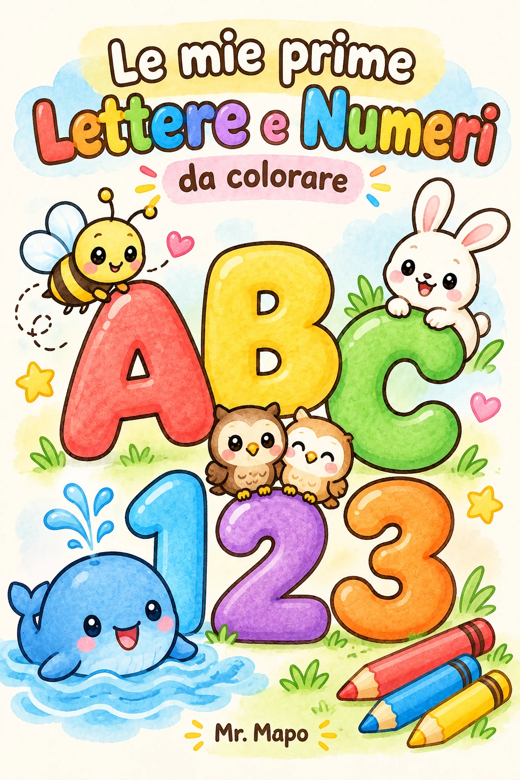 Copertina de "ABC e 123 da Colorare" con le lettere A, B, C e i numeri 1, 2, 3 colorati e un'ape kawaii