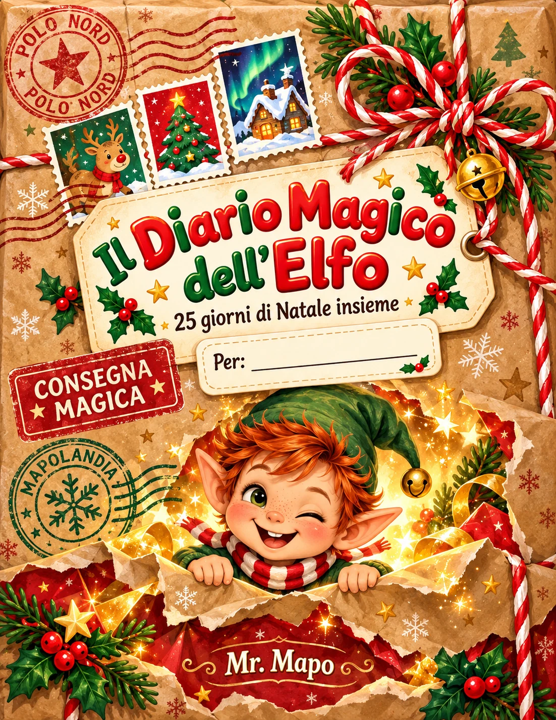 Copertina de "Il Diario Magico dell'Elfo" con un elfo kawaii dal cappello verde e stelline dorate su sfondo rosa