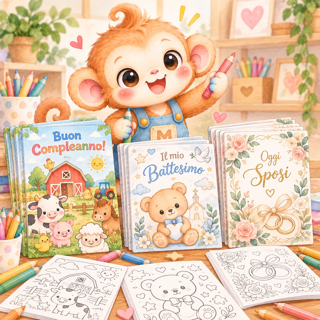 Mr. Mapo con i mini libri da colorare personalizzati: «Buon Compleanno!», «Il mio Battesimo» e «Oggi Sposi», con pastelli e pagine da colorare