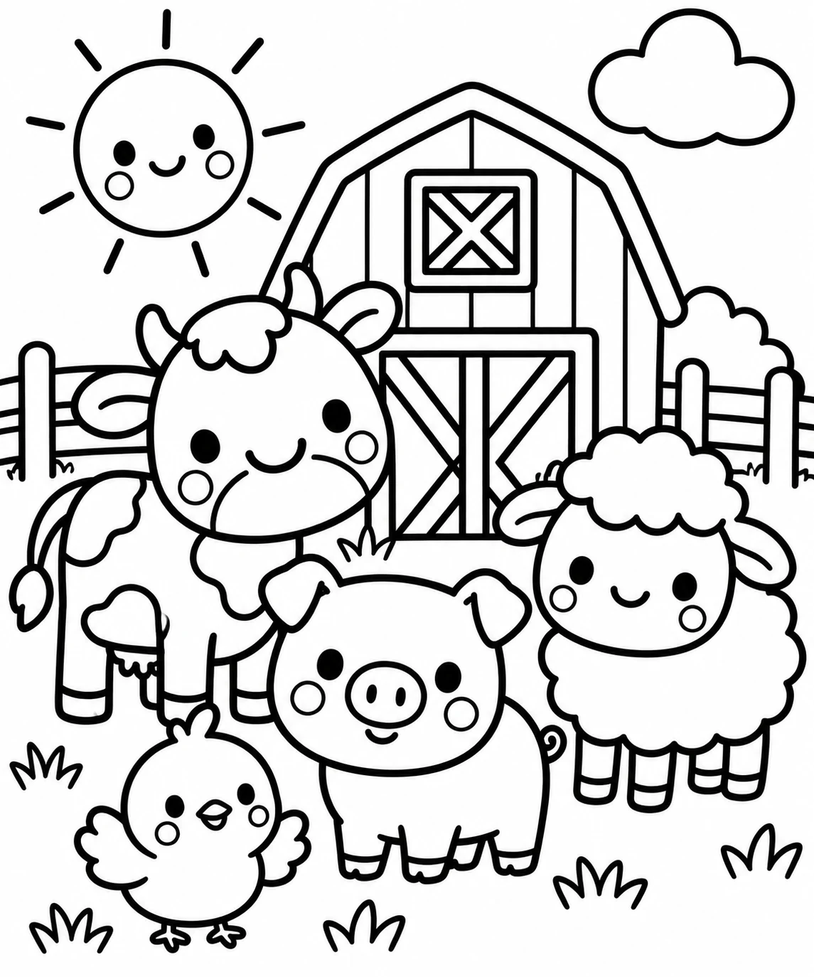 Disegno da colorare con una mucca, un maialino, una pecorella e un pulcino kawaii davanti alla stalla