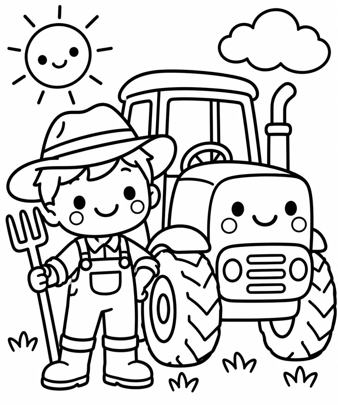 Disegno da colorare con un bambino contadino con cappello e forcone accanto a un trattore sorridente