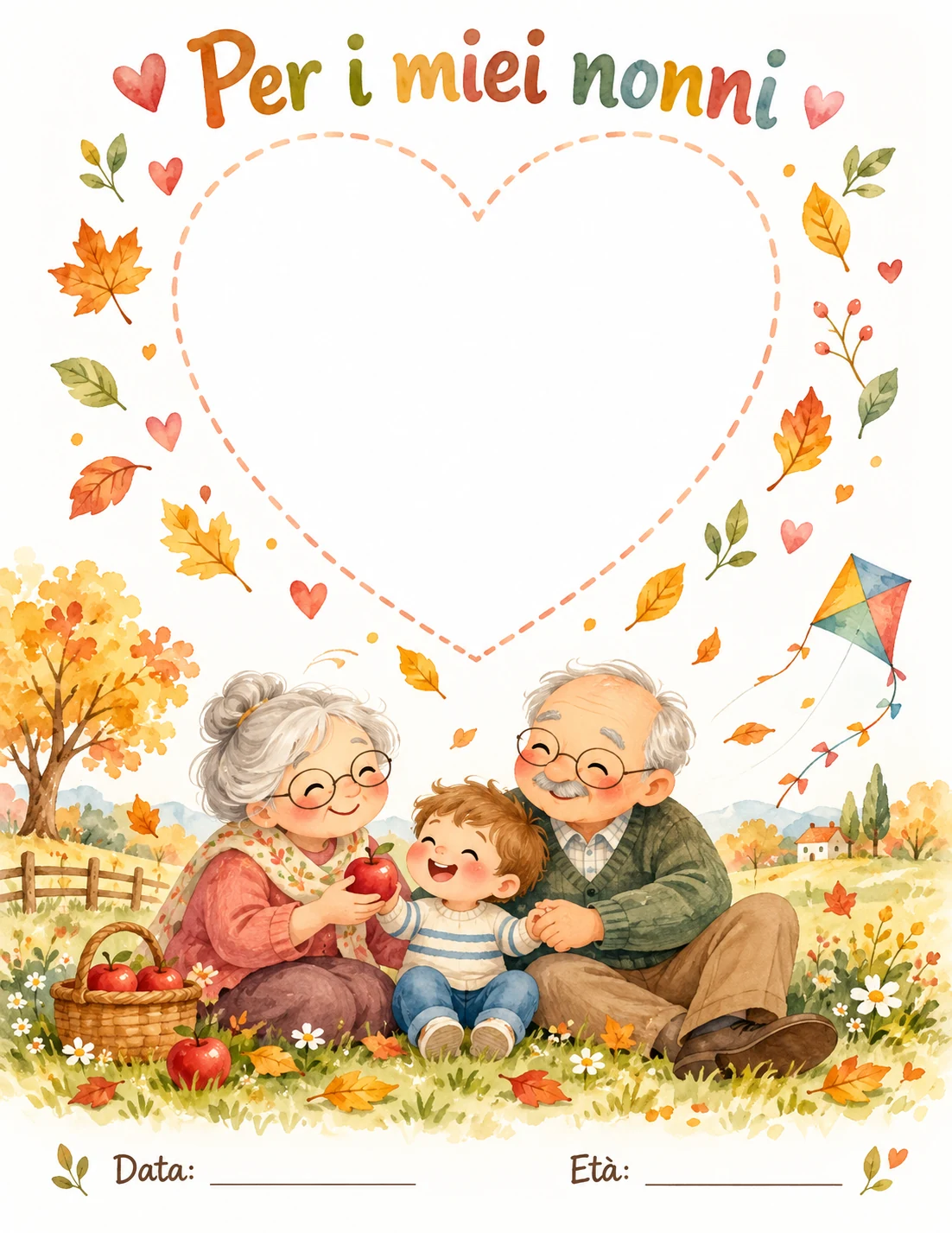 Scheda «Per i miei nonni» con un grande cuore tratteggiato da riempire e due nonni con il nipotino seduti sul prato