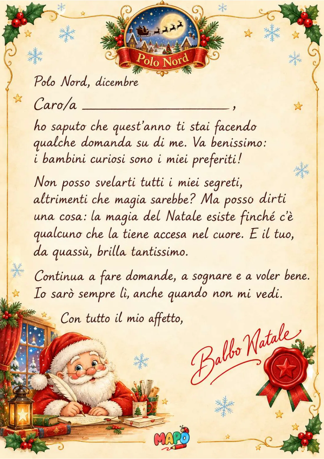 Lettera di Babbo Natale dal Polo Nord su carta pergamena, con Babbo Natale che scrive con la piuma alla scrivania e il sigillo di ceralacca