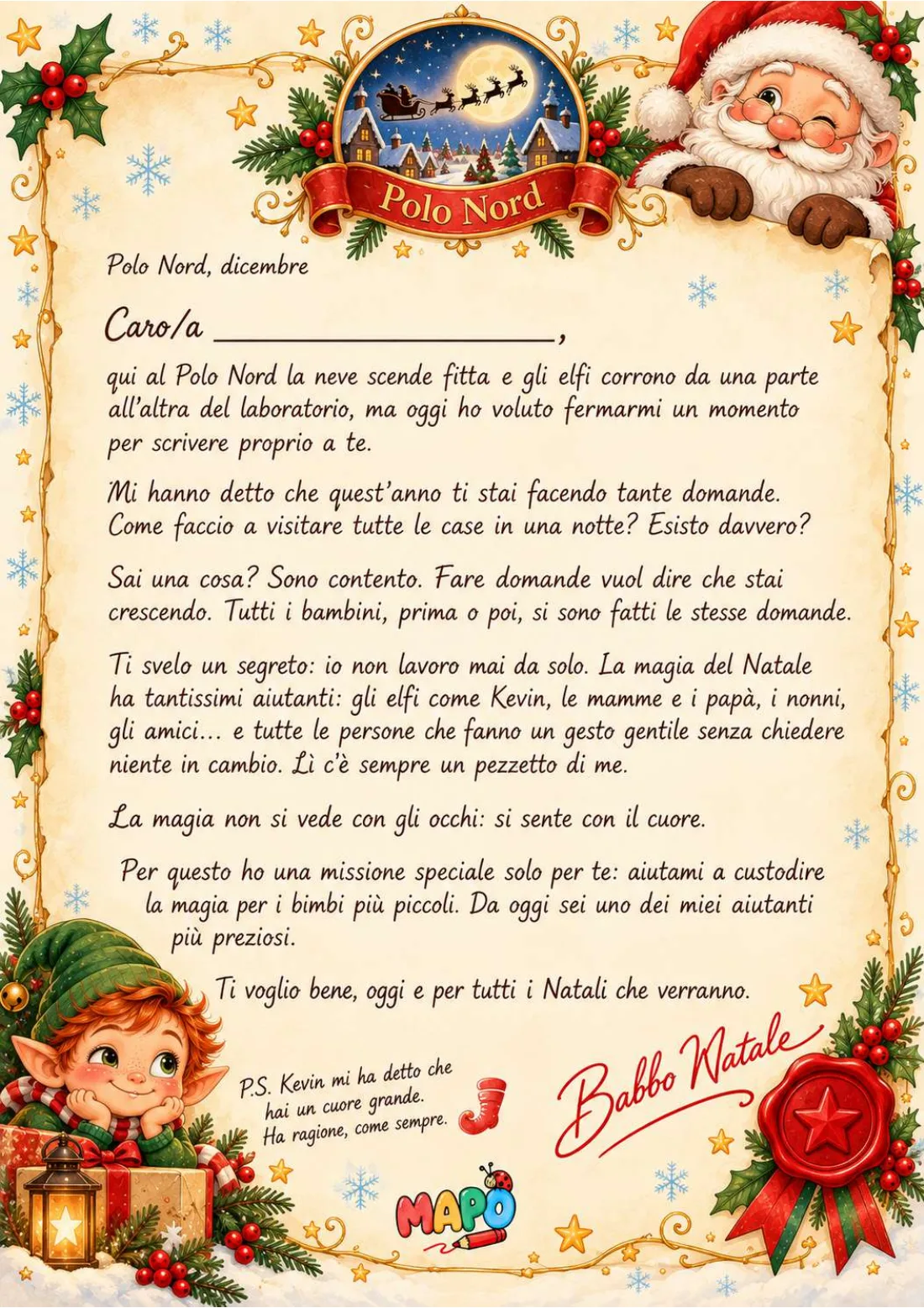 Lettera di Babbo Natale dal Polo Nord su carta pergamena, con Babbo Natale che fa l'occhiolino, l'elfo Kevin e il sigillo di ceralacca
